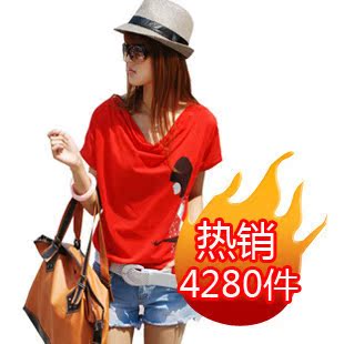 【蝶恋】2011新品 潮派红色烫钻荡领短袖T恤 女 配腰带 10271
