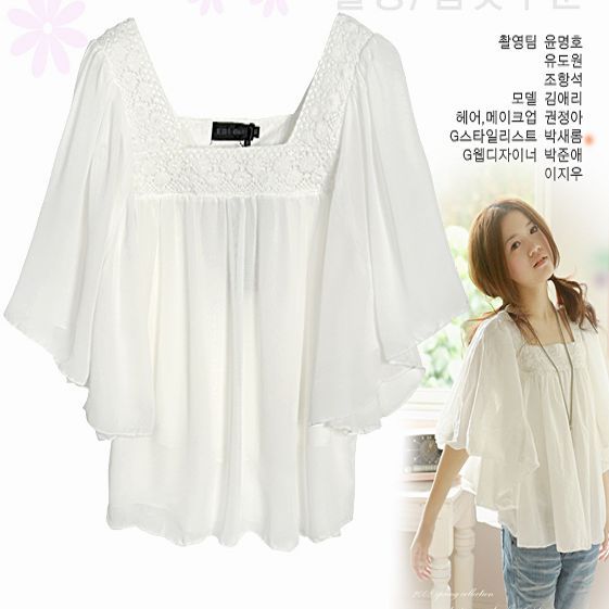 Qingzhou2011夏装新款韩版女装换季蕾丝蝙蝠衫短袖白色雪纺衫上衣