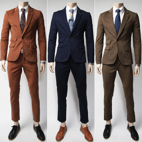 2015新款男士时尚休闲多口袋修身一粒扣纯棉蓝褐铁锈红西服套装男