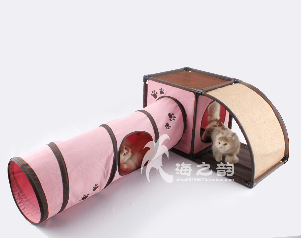 实物拍摄 爱宠礼物 宠物玩具 带猫抓板的猫屋 猫通道  粉色