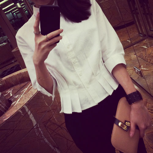 HOHO原创设计 2014女装新款 简约设计压褶 翻领棉质中袖白衬衫 女