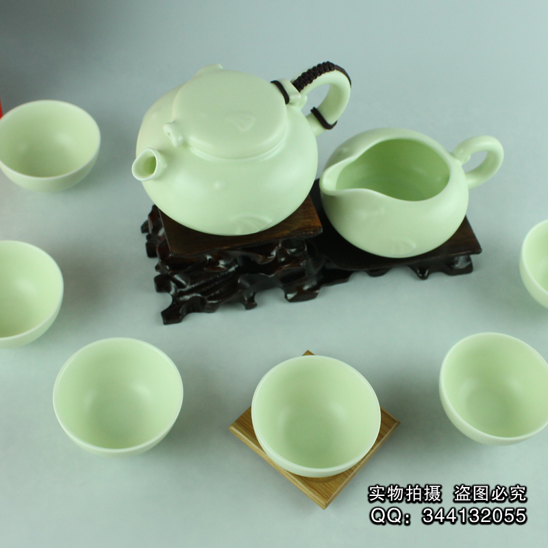 茶具套装特价包邮 定窑茶具套装亚光釉 鱼壶苹果绿 陶瓷茶具整套