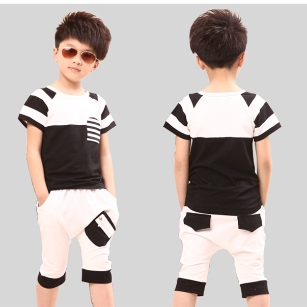 2015夏儿童装男童演出服黑白口袋条纹棉短袖短裤运动休闲宝宝套装