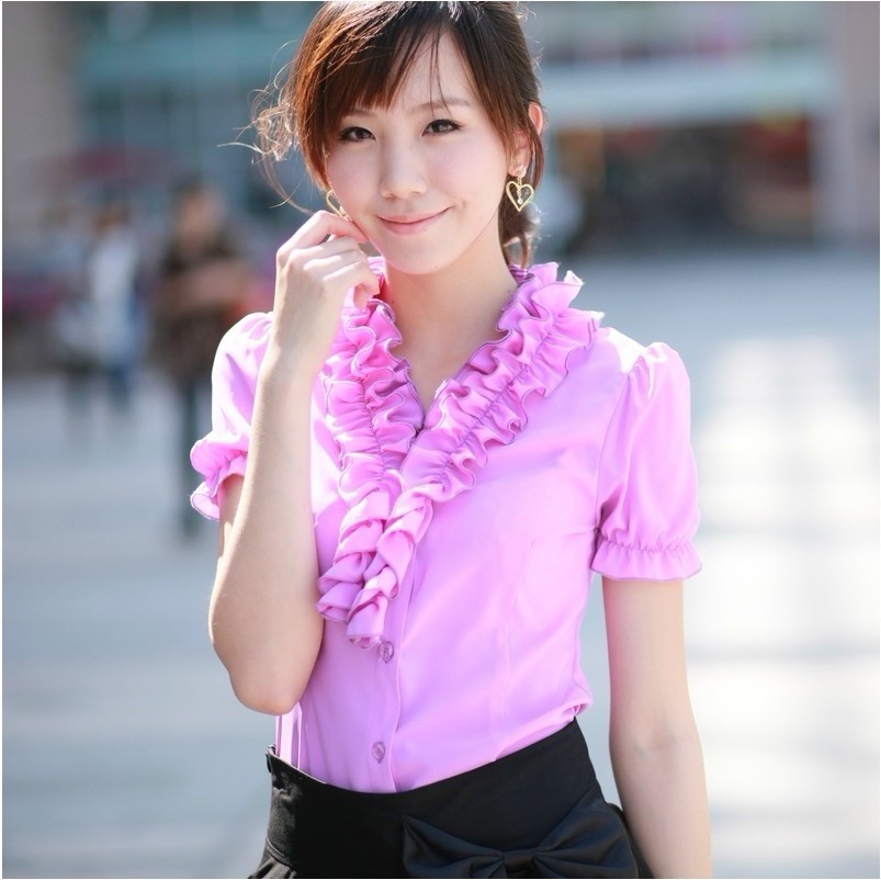 2012夏装新款 韩版女装修身时尚职业短袖泡泡袖雪纺衬衫3533