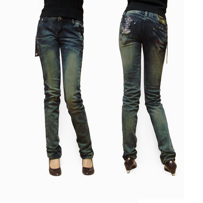 2011秋季新款韩版潮女装 蓝色米奇图 弹力修身铅笔裤牛仔裤小脚裤