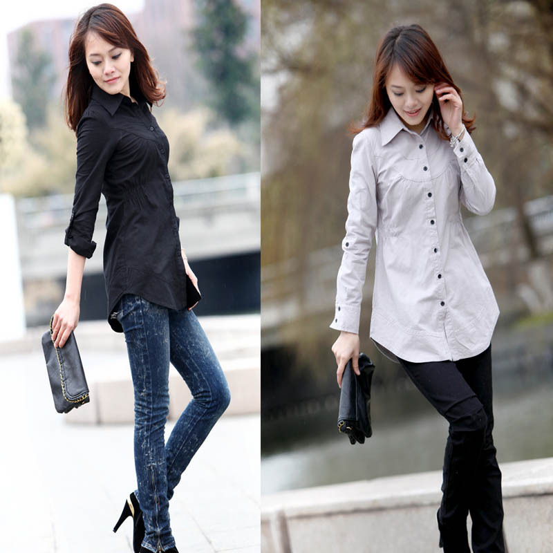 韩版女装|2011新款 时尚气质纯棉免烫长袖亚麻圆角边中长款衬衣