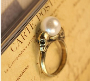 K1129X 欧美外贸原单饰品复古双面骷髅头镶珍珠戒指