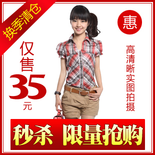 修身女士格子短袖衬衫2011新品韩版上衣泡泡袖衬衣夏装大促