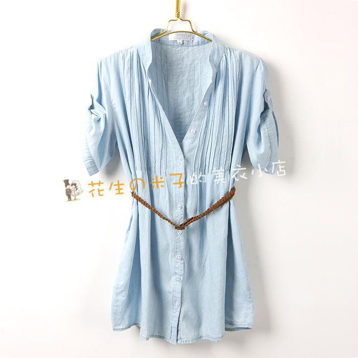 2011新款日韩女士中长宽松版水洗牛仔棉短袖衬衫/可挽袖/送腰带