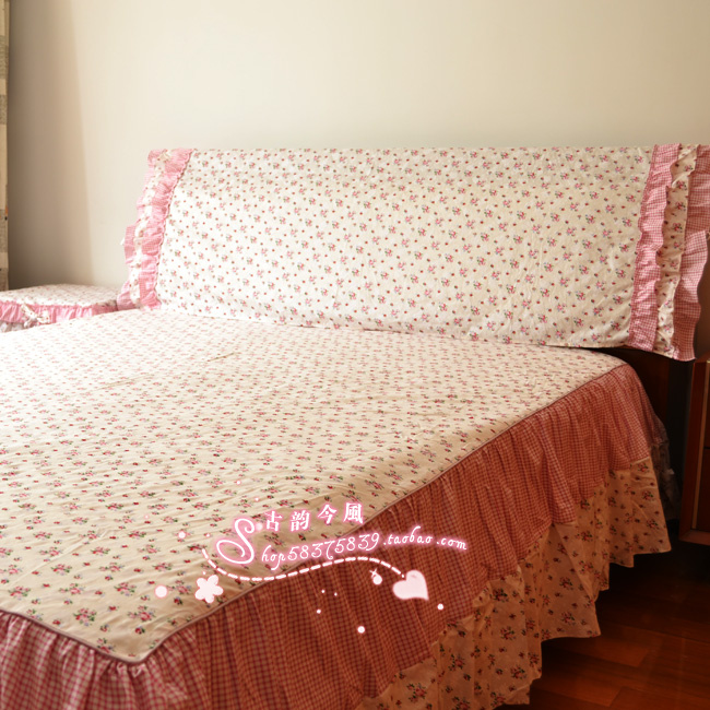 韩式布艺花边床头罩床裙二件套 全棉床上用品套件靠背防尘罩定做