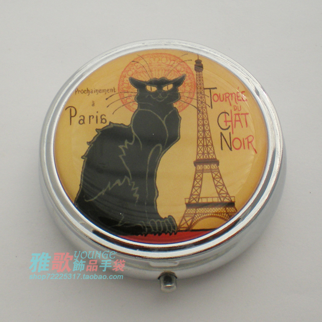 法国原单，铬色三格药丸盒，随身便携药盒收纳盒，名画黑猫