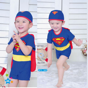 儿童泳衣 男童连体泳衣 小超人泳装蝙蝠侠宝宝泳衣 送泳帽