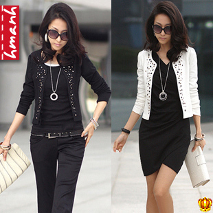 2011韩版新款秋装时尚OL通勤女装新品铆钉修身长袖小短外套WT6
