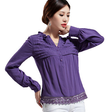 十月**2011秋装新款复古紫色镂空花边棉质长袖衬衣衬衫女装