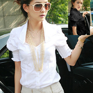 2011新款 夏装 韩版 修身 收腰 泡泡袖 短袖衬衫 女 衬衫 016
