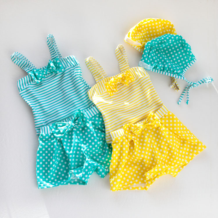 包邮儿童泳衣女童连体游泳衣黄色点纹蓝色点纹清新可爱背带三件套