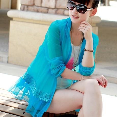优衣库2014夏季新款韩版女装长袖时尚蕾丝拼接翻领薄款防晒衫外套