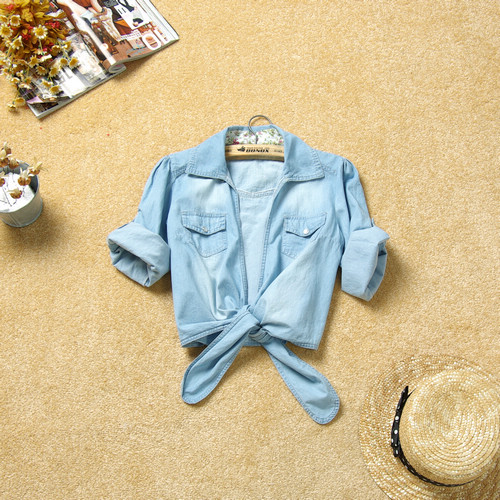 2011秋装新款热销韩版下摆打结水洗牛仔衬衫 小披肩外套