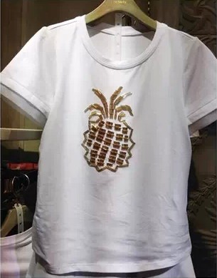 欧时力2014新款夏装专柜正品代购菠萝图案钉珠短袖T恤1142022080