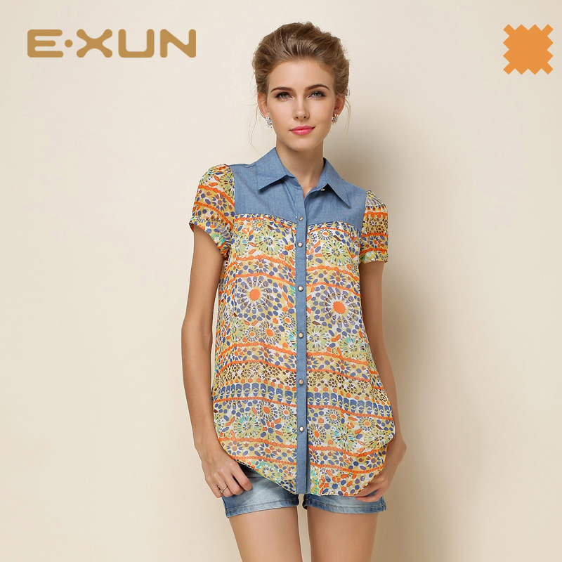 EXUN正品女装春夏季新款K 波西米亚雪纺印花雪纺衬衫短袖休闲衬衣