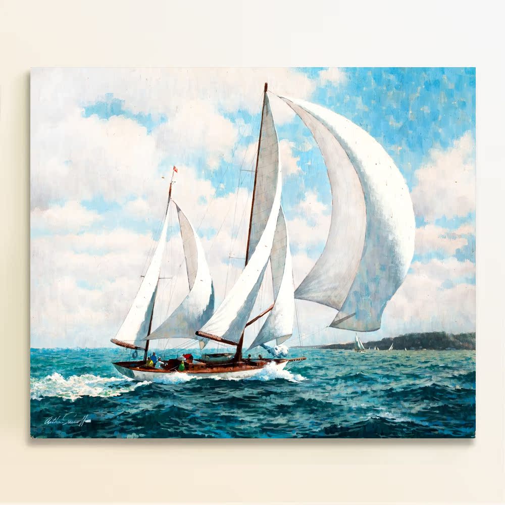 地中海洋帆船艺术装饰帆布无框画挂壁仿真油画客厅玄关餐厅单幅