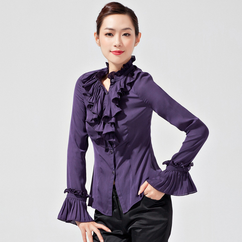 十月**2011秋装新款OL紫罗兰压褶荷叶领修身丝滑长袖衬衣衬衫