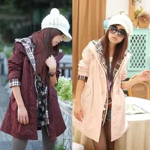 2013春装韩版女装 少女学生装假两件带帽大码胖MM风衣外套 学院风