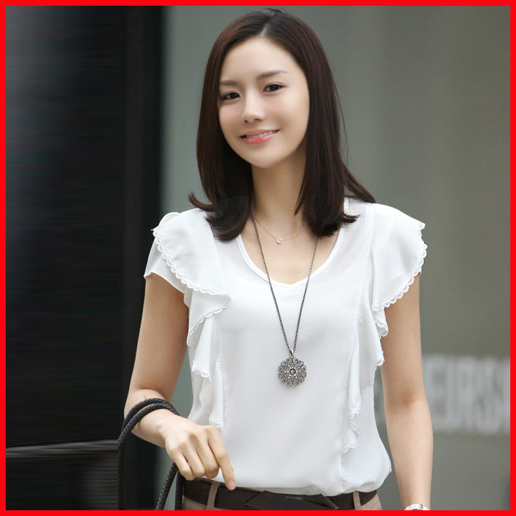 2011新品 夏装韩版女 娃娃衫 短袖鲲蕾丝雪纺 白色衬衫仿真丝上衣