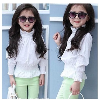 2015女童春款新款童装韩系儿童立领收腰气质款长袖白衬衫衬衣上衣
