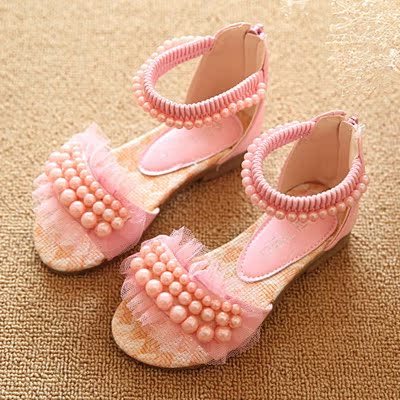 2015新款韩版女童小高跟凉鞋公主时尚蕾丝串珠儿童鱼嘴鞋