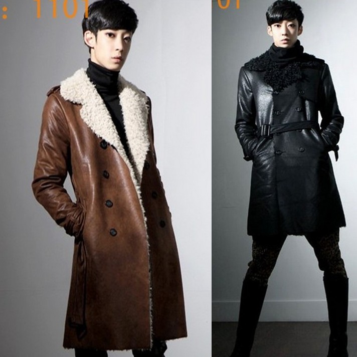 秋冬新款男士修身皮风衣韩版中长款复古羊羔绒大翻领修身大衣外套