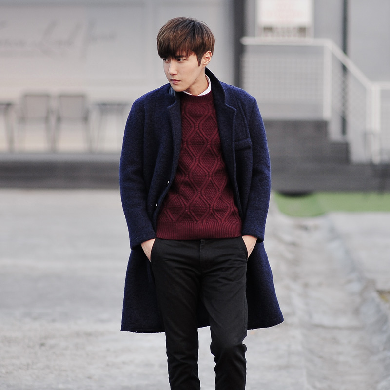2014冬装新款韩版个性领子拼皮单排扣羊绒呢料大衣保暖风衣外套男