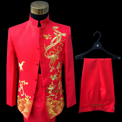 红色绣花龙凤袍中式中山服表演出主持新郎结婚礼服加肥加大码男装