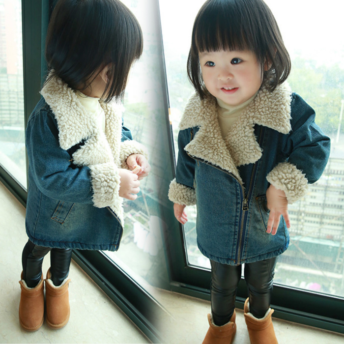 童装2015秋冬新款韩版儿童大衣女男童牛仔羊羔毛加绒加厚棉服外套