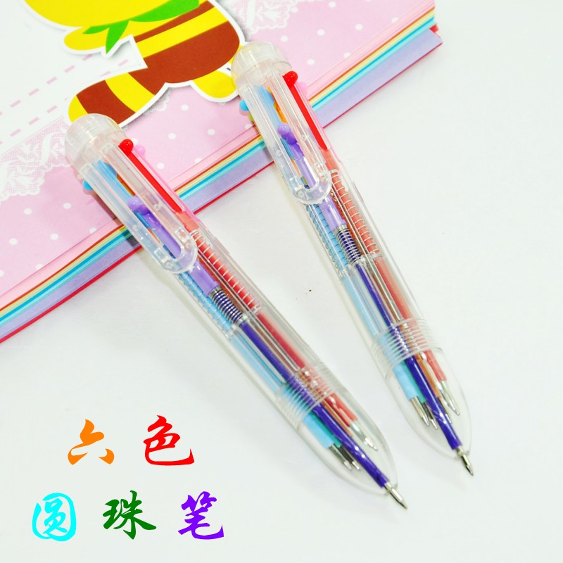 韩国 六色圆珠笔 创意可爱多色笔0.5彩色原子笔 透明杆重点笔7613