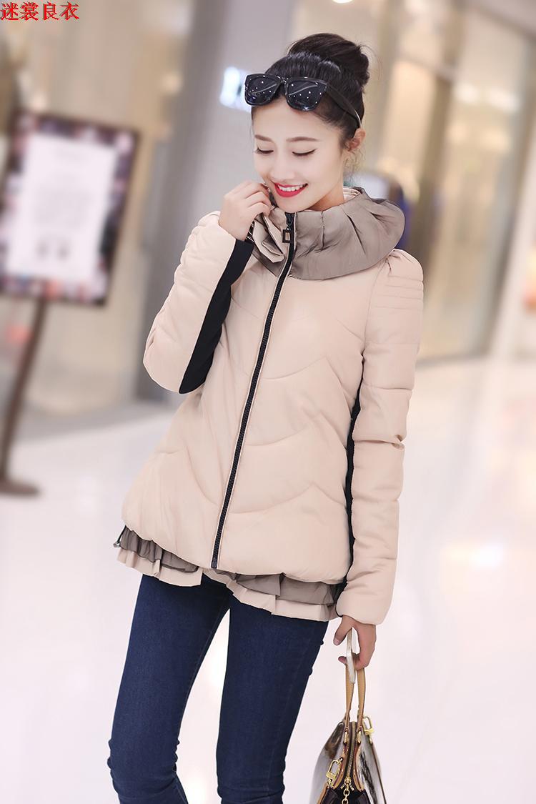 2014秋冬新款韩版时尚修身蕾丝拼接羽绒棉服外套潮1808 卡其色3XL