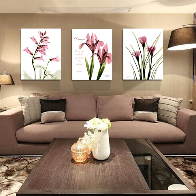 客厅冰晶玻璃装饰画三联画 时尚沙发背景墙壁无框挂画 抽象透明花