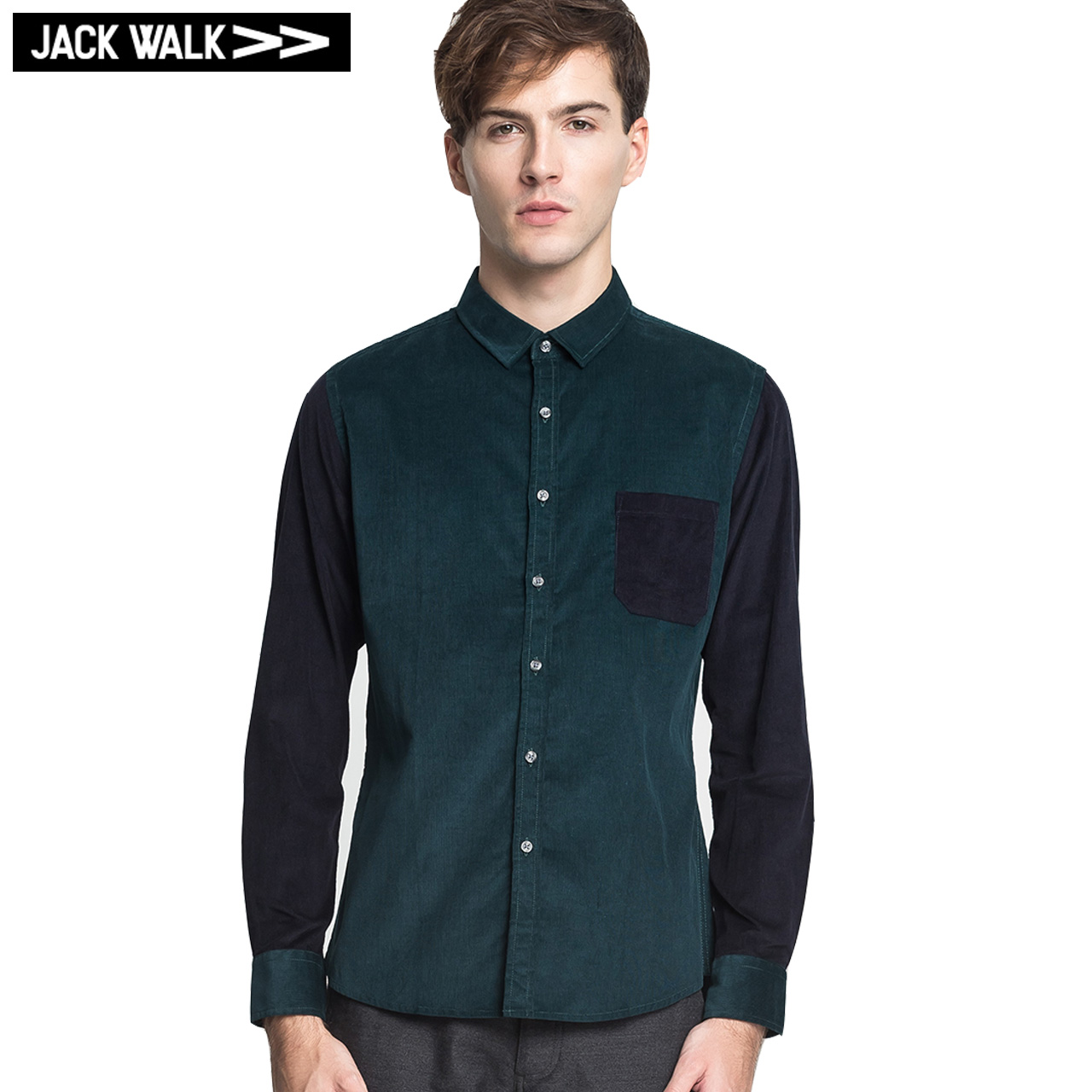JACK WALK杰克沃克 男装灯芯绒小尖领异色袖修身版衬衫 K0143034