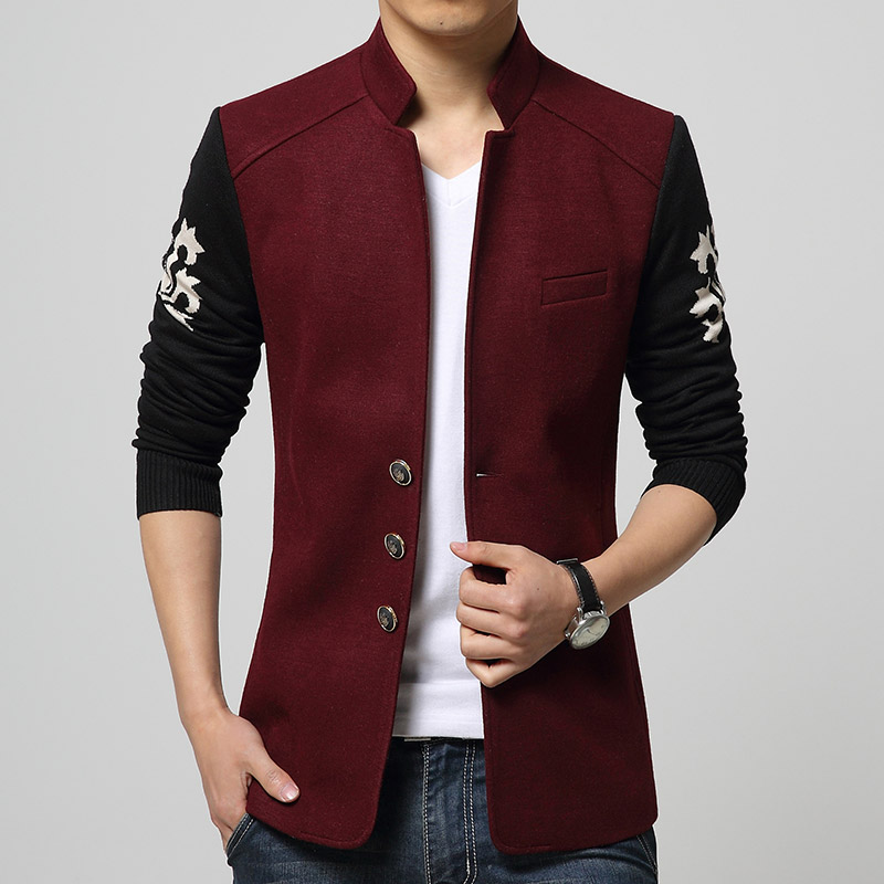 2015春装新款男士夹克韩版修身潮西服领立领丝光棉针织袖休闲外套