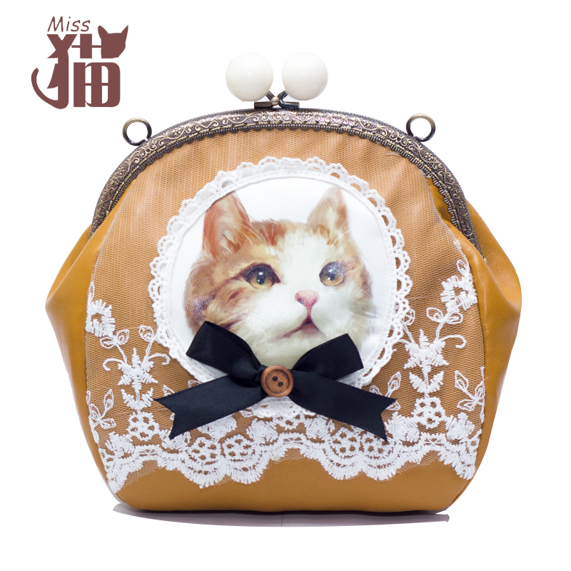 原创猫咪动物卡通印花pu蕾丝休闲女包小包包可爱口金包少女斜挎包