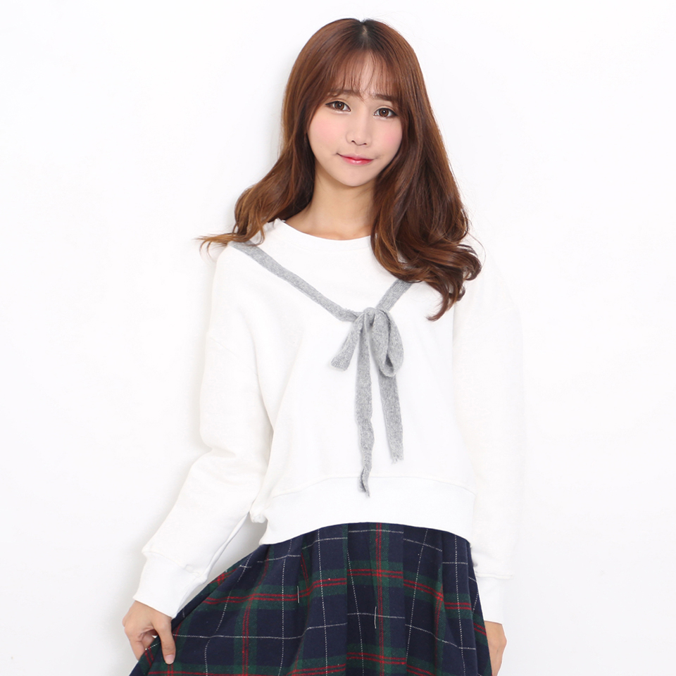 WHATEVER韩国秋季新款学院风卫衣甜美系带加绒加厚圆领长袖上衣