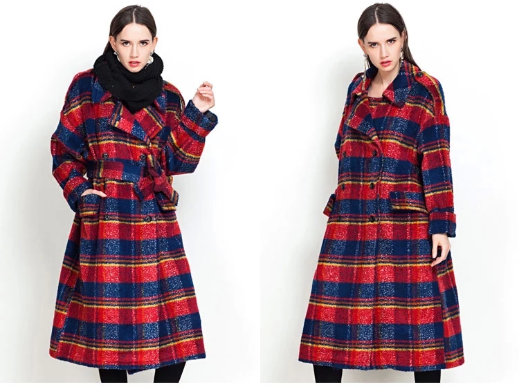 欧洲站2014秋冬新款羊毛呢粗花呢高腰外套格子中长款宽松复古大衣