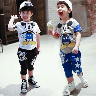 童装2015夏装韩版潮男童短袖T恤米奇两件套装儿童2-3-4-5-7岁夏款