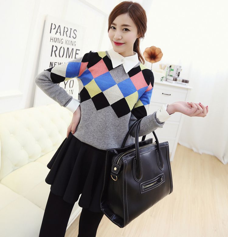 2015秋季新款韩版通勤时尚潮流百搭扎染格子针织衫毛衣