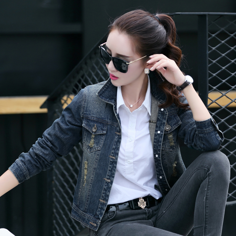 2015秋季新款女装牛仔短款外套韩版修身夹克百搭长袖复古做旧贴布