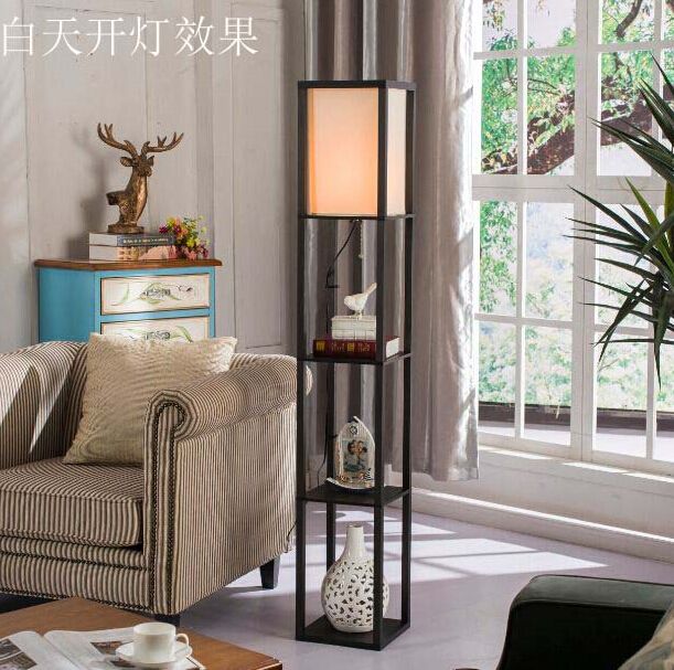 中式美式落地灯客厅卧室 简约木质立式台灯床头灯置物架子沙发灯