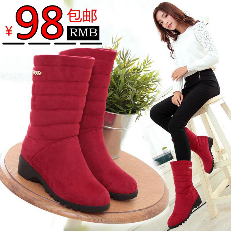 冬季雪地靴女中筒坡跟中跟套筒棉靴学生加绒加厚保暖大码棉鞋红色