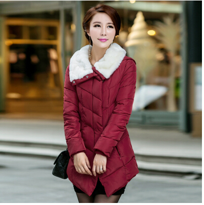 冬季新款女韩版羽绒棉服中长款加厚带毛领修身纯色棉袄休闲外套潮