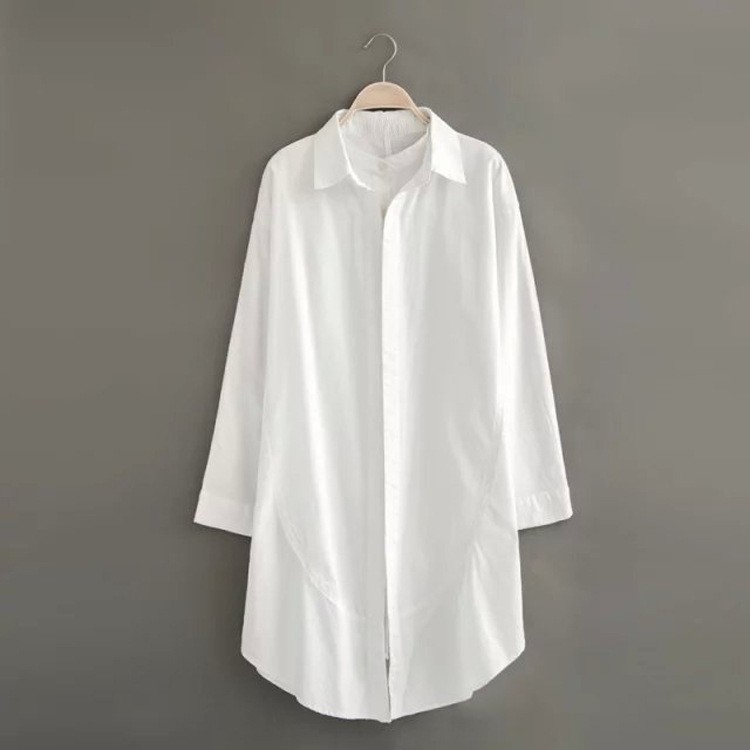 D211-40260 F.M.P 时尚九分袖拼接假2件套系腰带长款弧形下摆衬衫