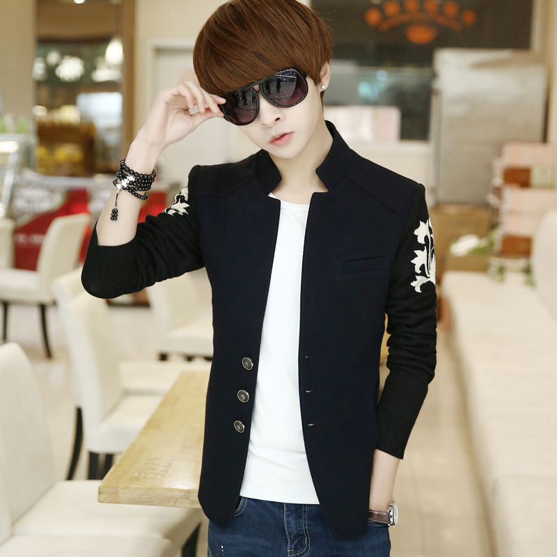 2015春秋新款 韩版修身青少年立领夹克加厚呢子外套针织袖上衣男
